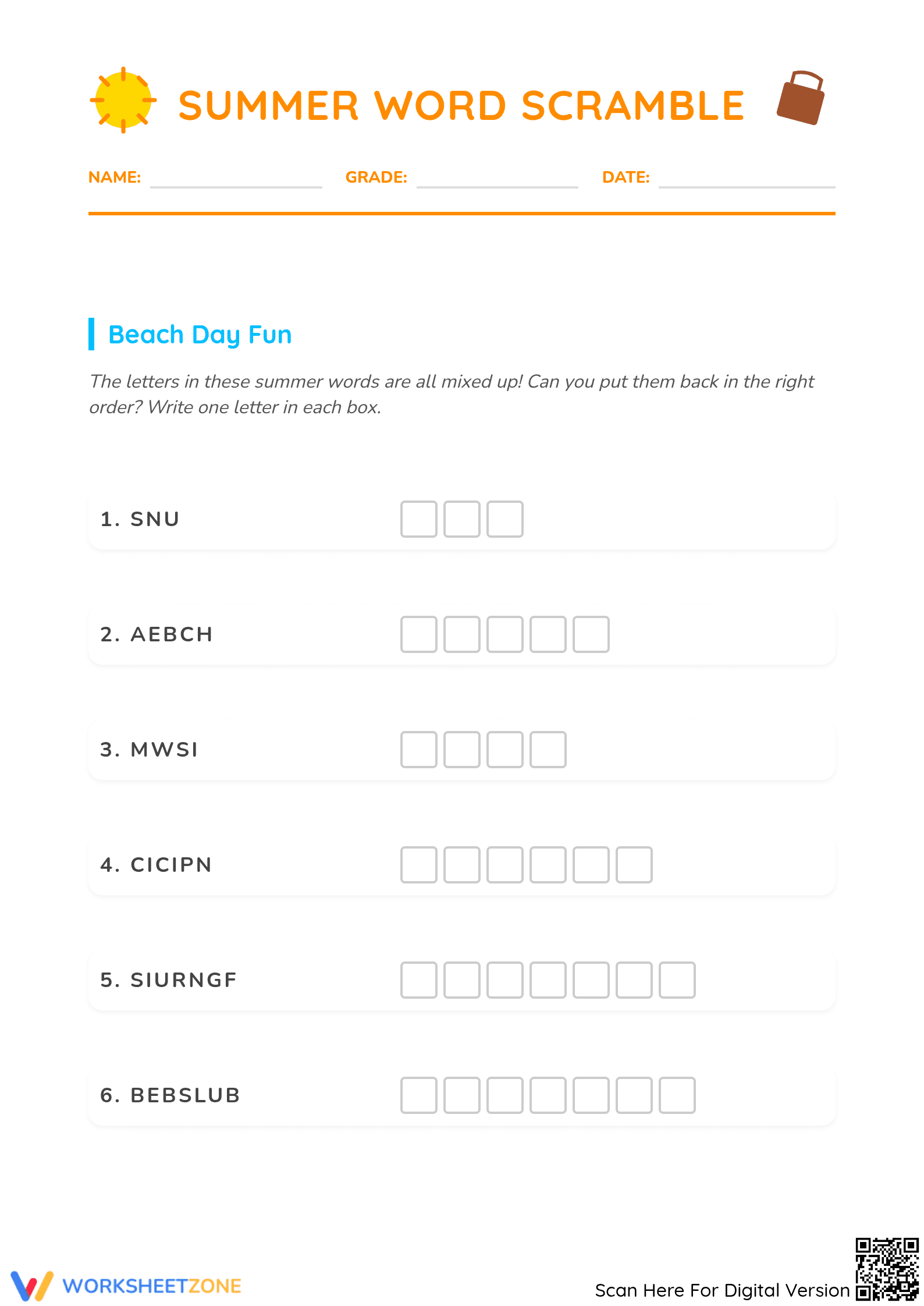 Summer Word Scramble Worksheet | Grade 5-6 Essential - Page 1