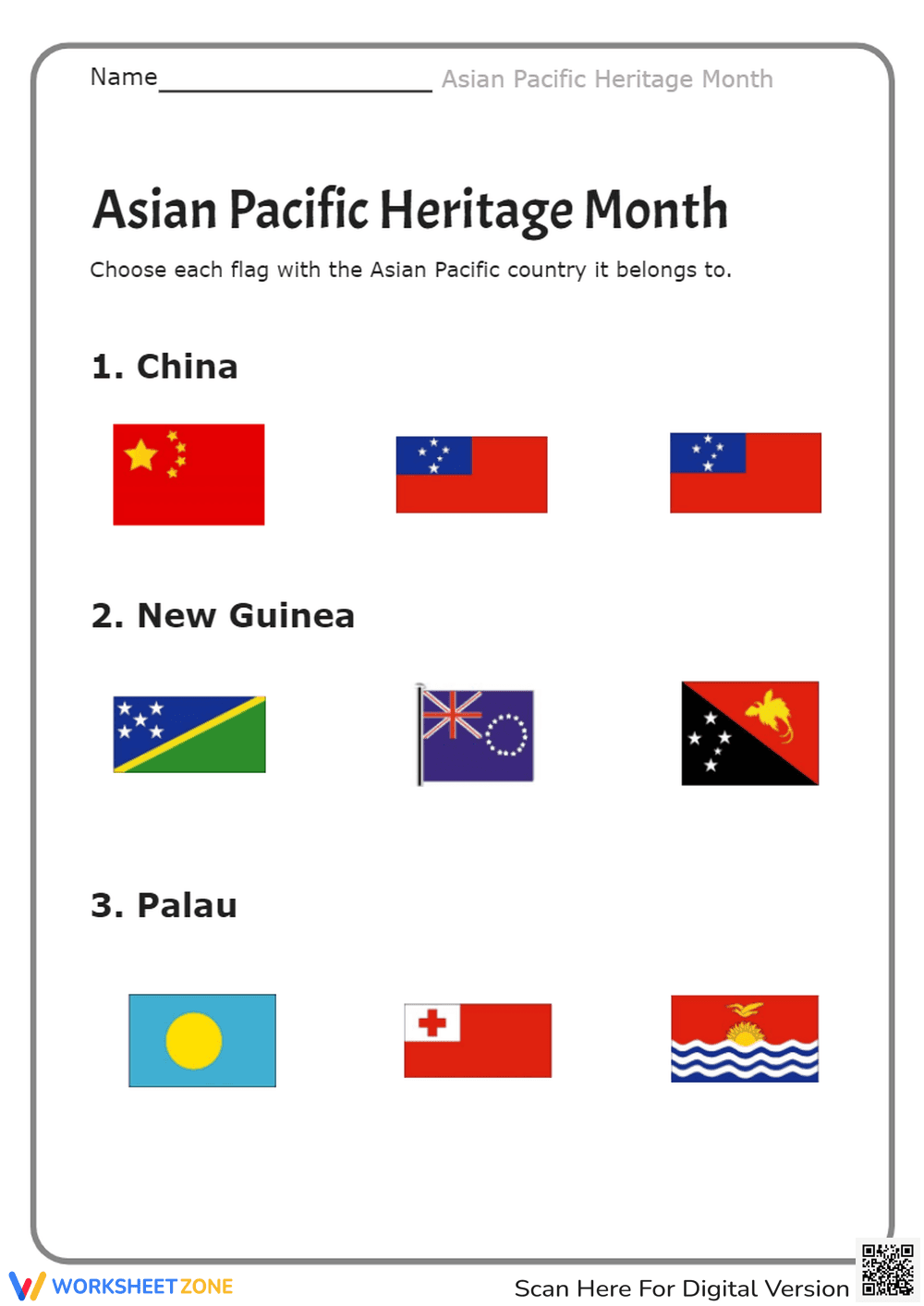 Asian Pacific Flags Worksheet | Grade 1 Essential - Page 1