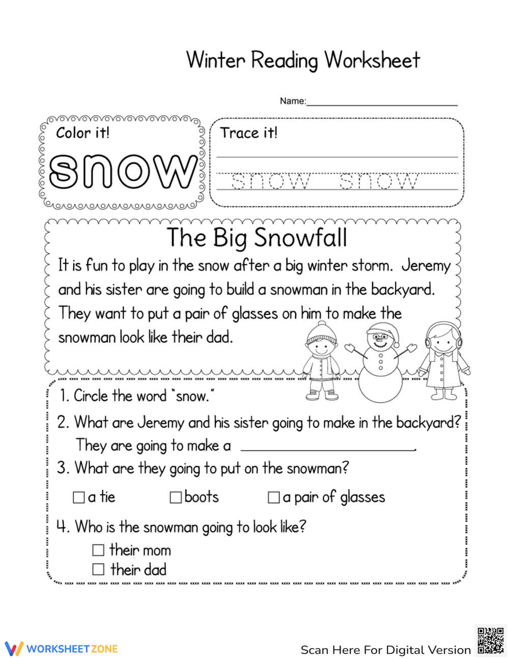 The Big Snowfall Winter Story Worksheet - Page 1