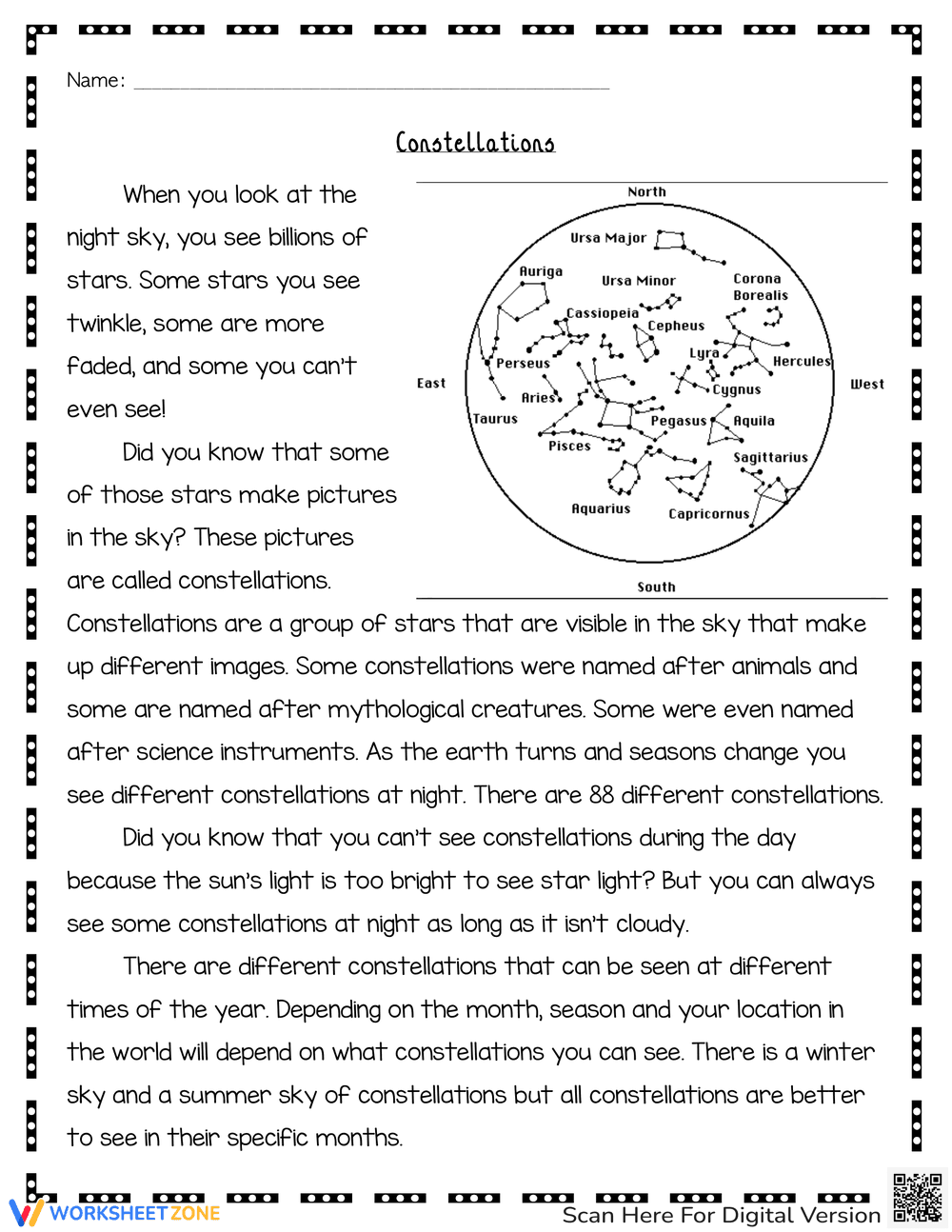 Constellations Comprehension Worksheet - Page 1