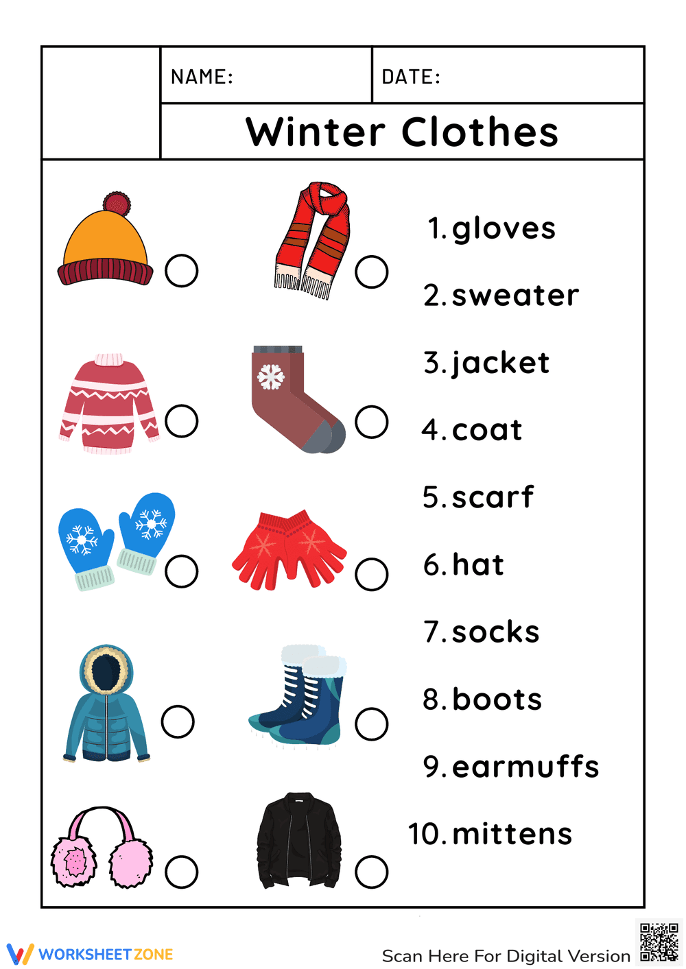 Winter Clothes Vocabulary Worksheet - Page 1