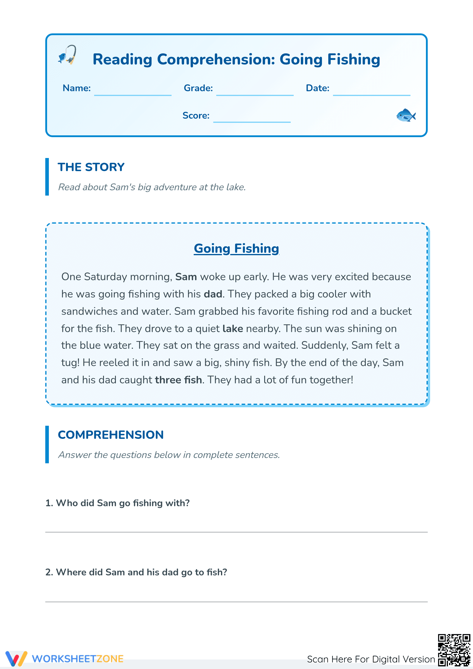 "Going Fishing" Reading Comprehension | Grade 1 Printable - Page 1