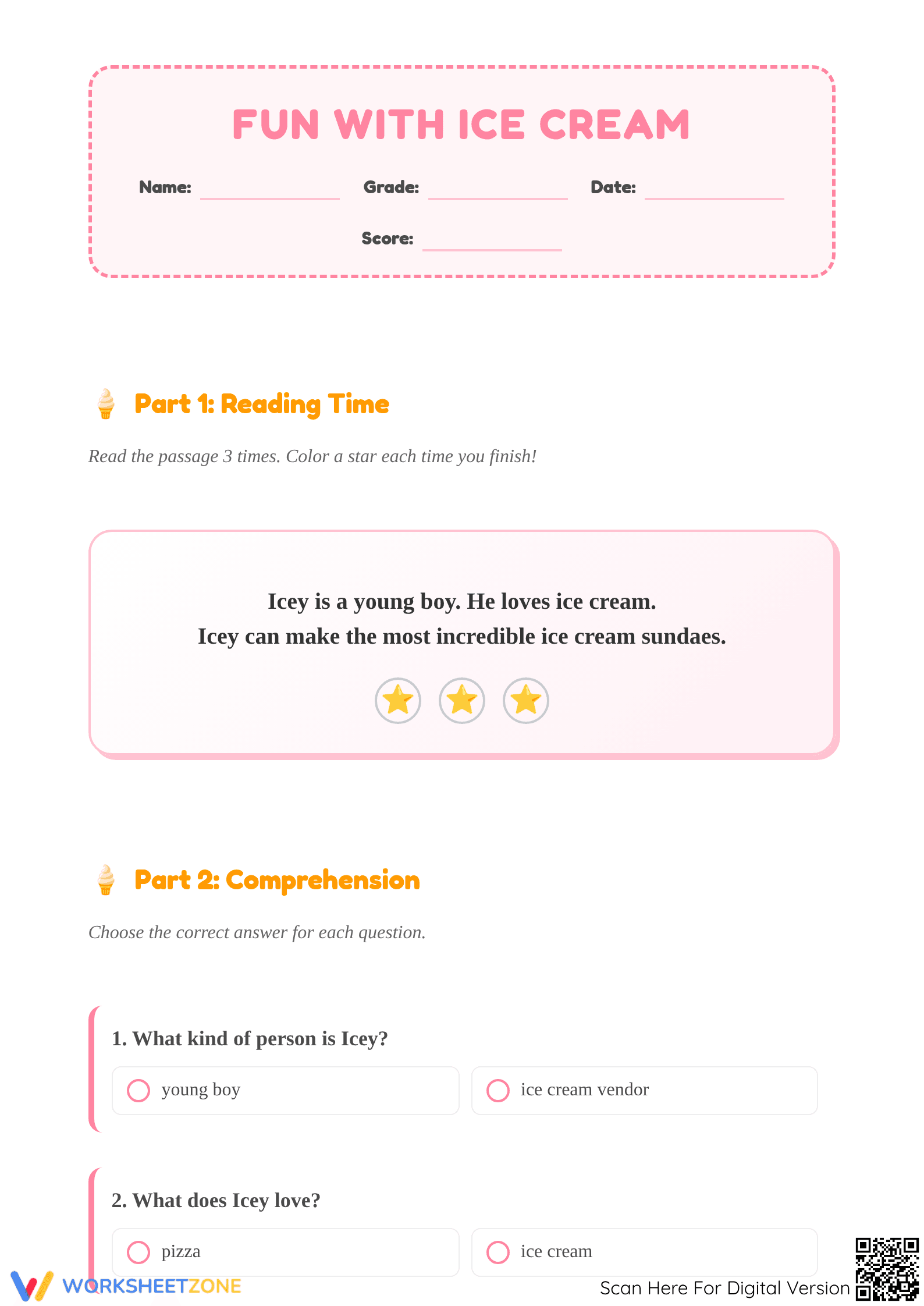 Grade 1 Reading Comprehension — Printable No-Prep Worksheet - Page 1