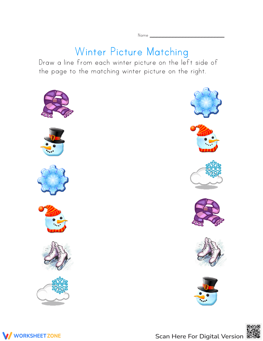 Winter Picture Matching Worksheet for Kids - Page 1