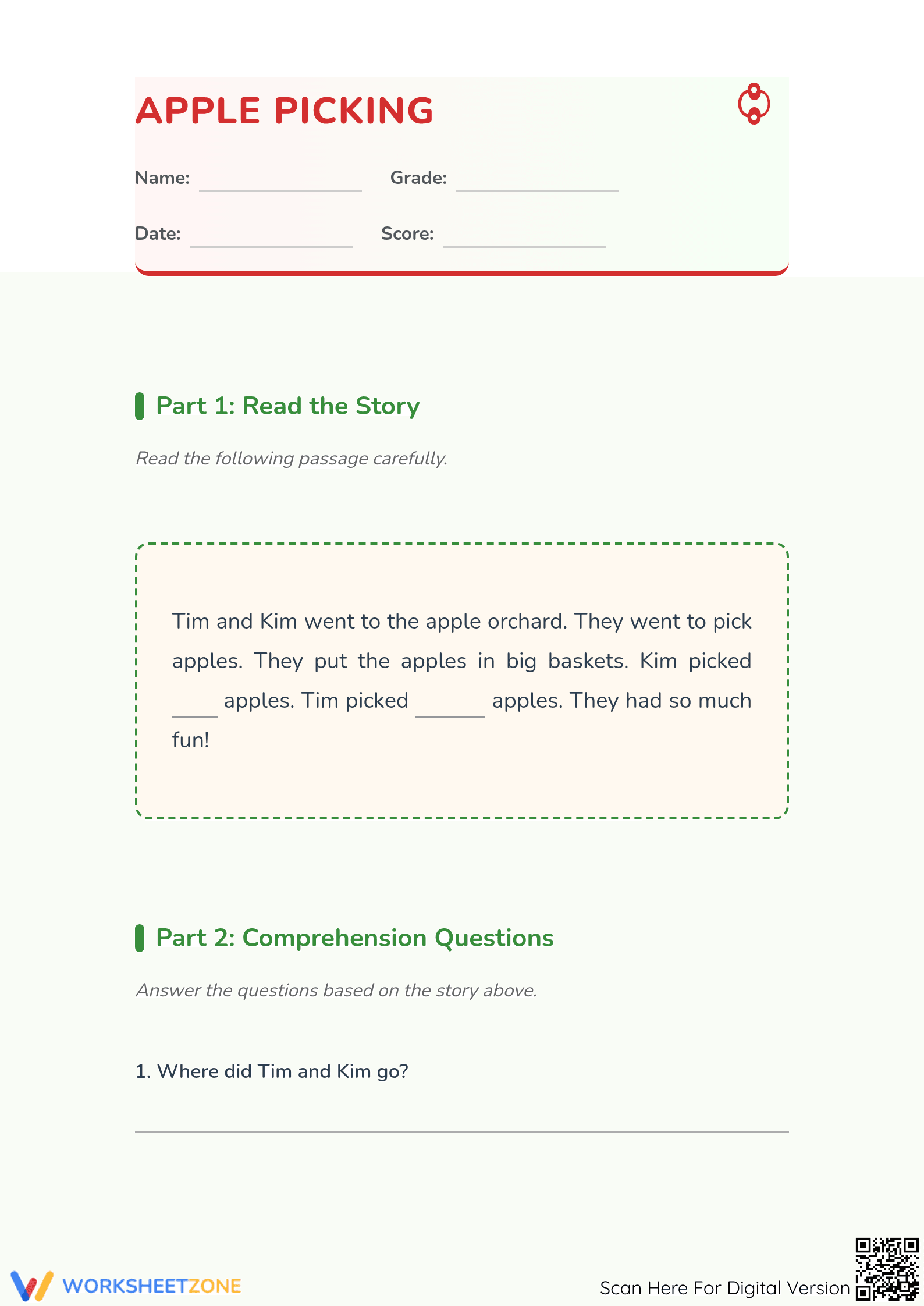 Apple Picking Reading Comprehension | Essential Grade 1-3 - Page 1