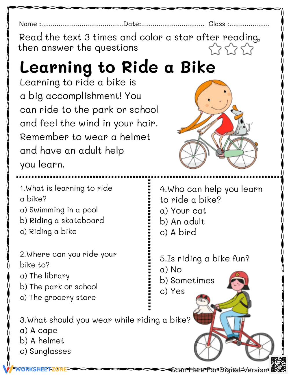 Learning to Ride a Bike Worksheet - Page 1