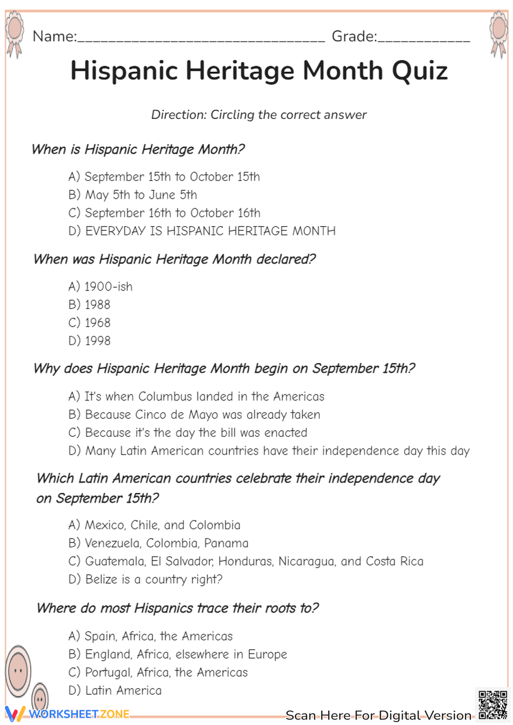 Hispanic Heritage Month Quiz | Grade 5 Essential - Page 1