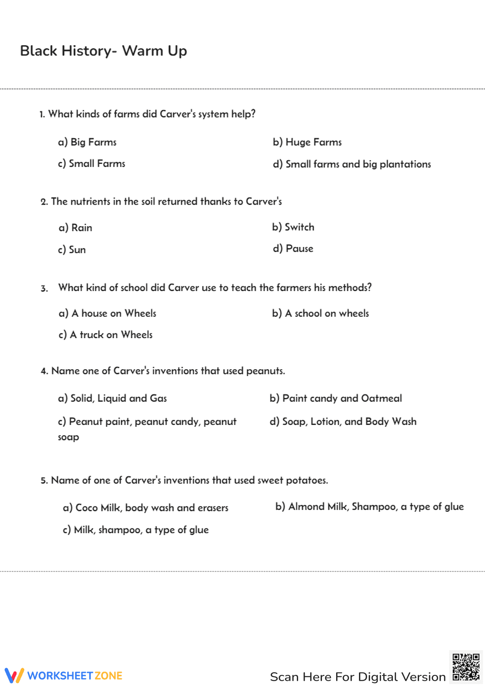 Black History Multiple Choice Worksheet - Page 1