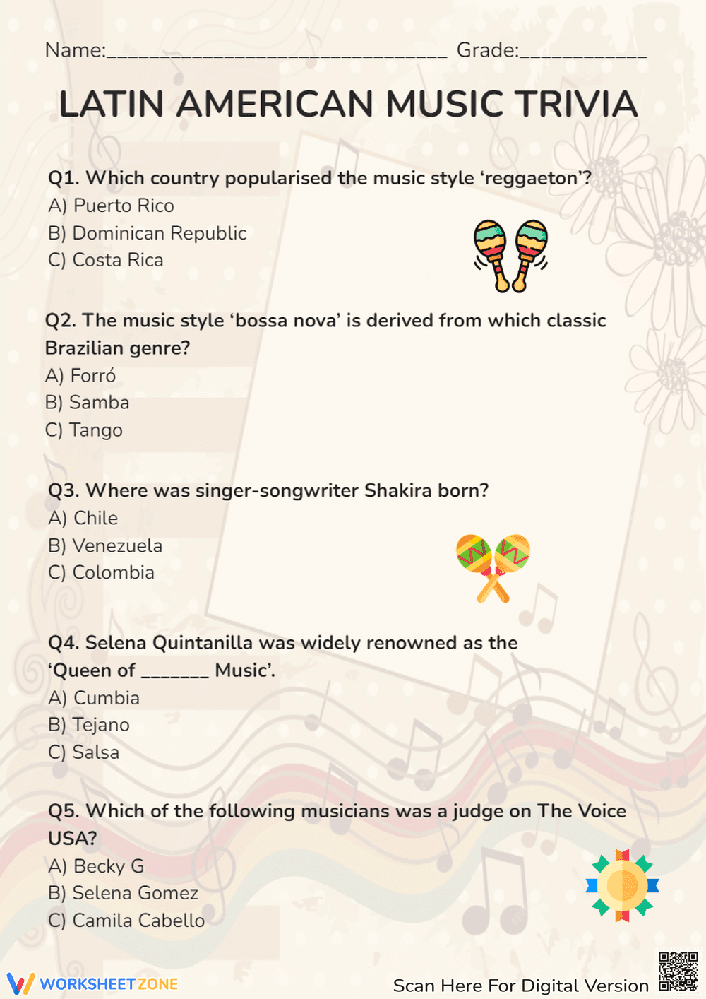 Latin American Music Trivia | Essential Grade 3-5 Worksheet - Page 1