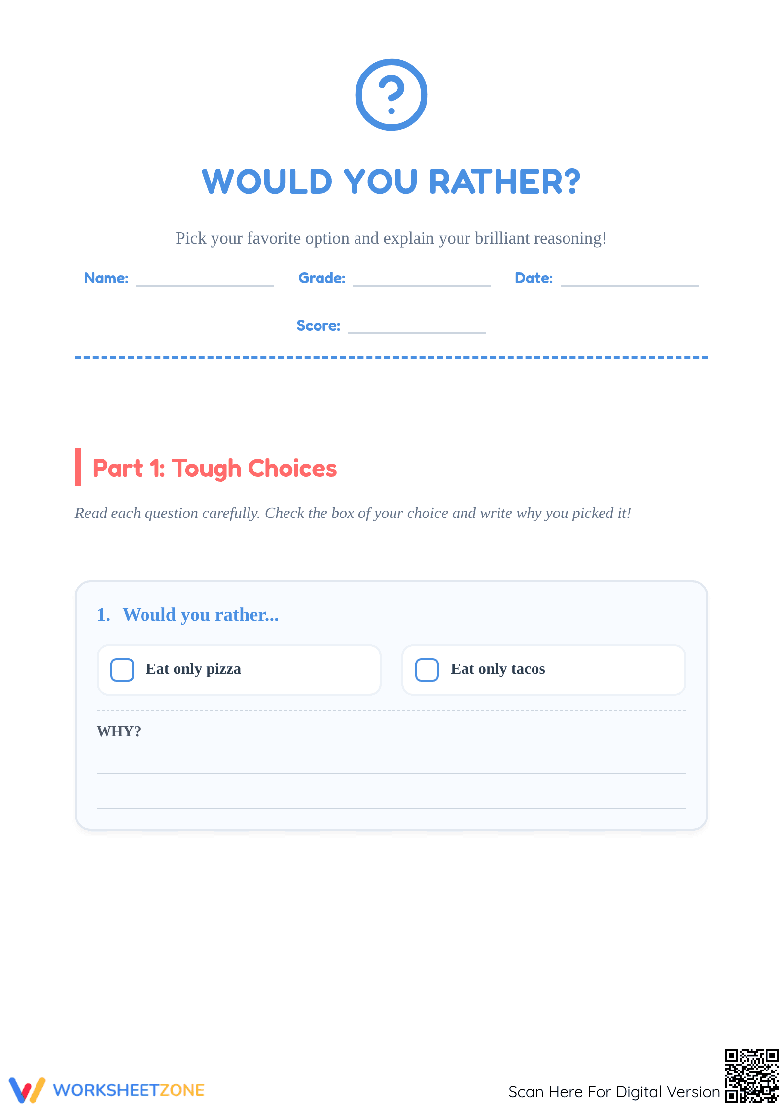 Grade 2 Would You Rather — Printable No-Prep Worksheet - Page 1