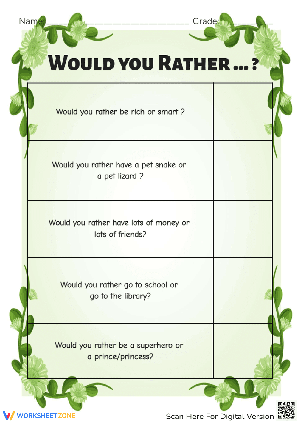 Decision-Making Worksheet – Would You Rather? - Page 1
