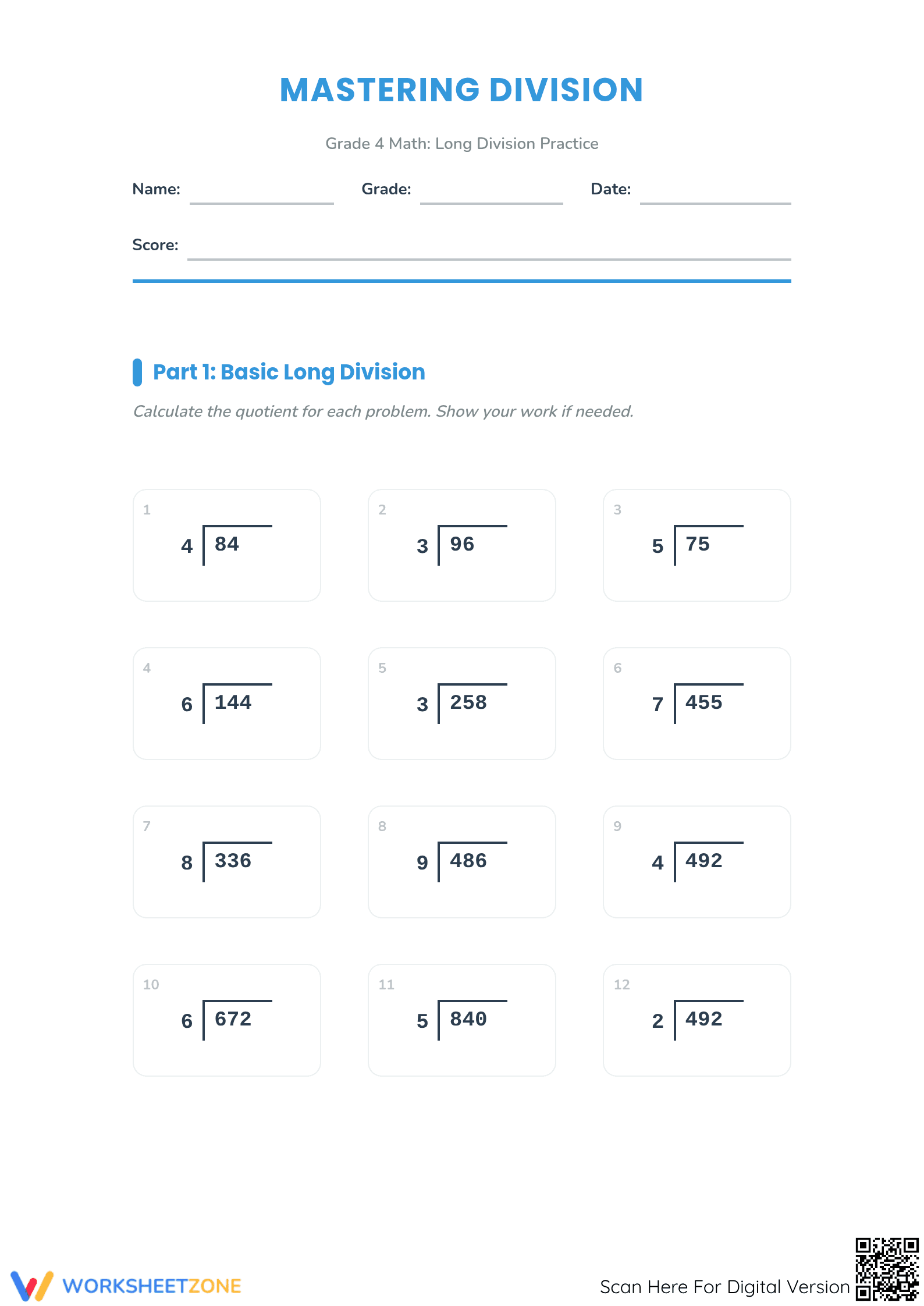 Long Division Practice | Grade 4 Math Printable - Page 1