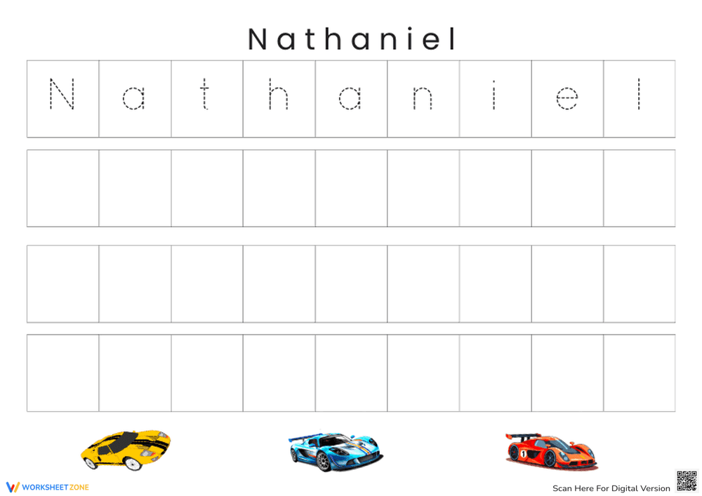"Nathaniel" Name Tracing Worksheet | Essential Grade K-1 - Page 1