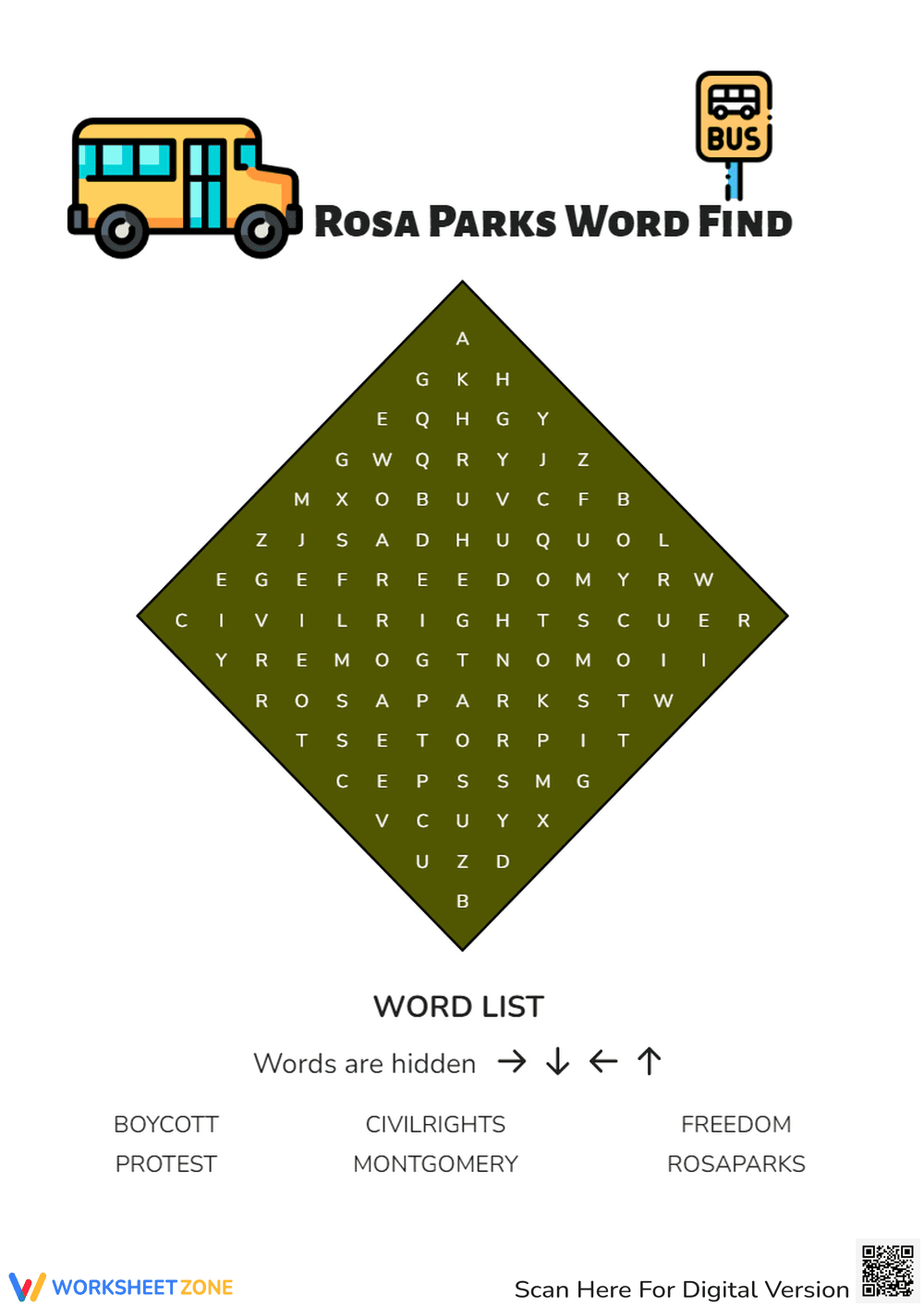 Rosa Parks Word Find Worksheet for Students - Page 1