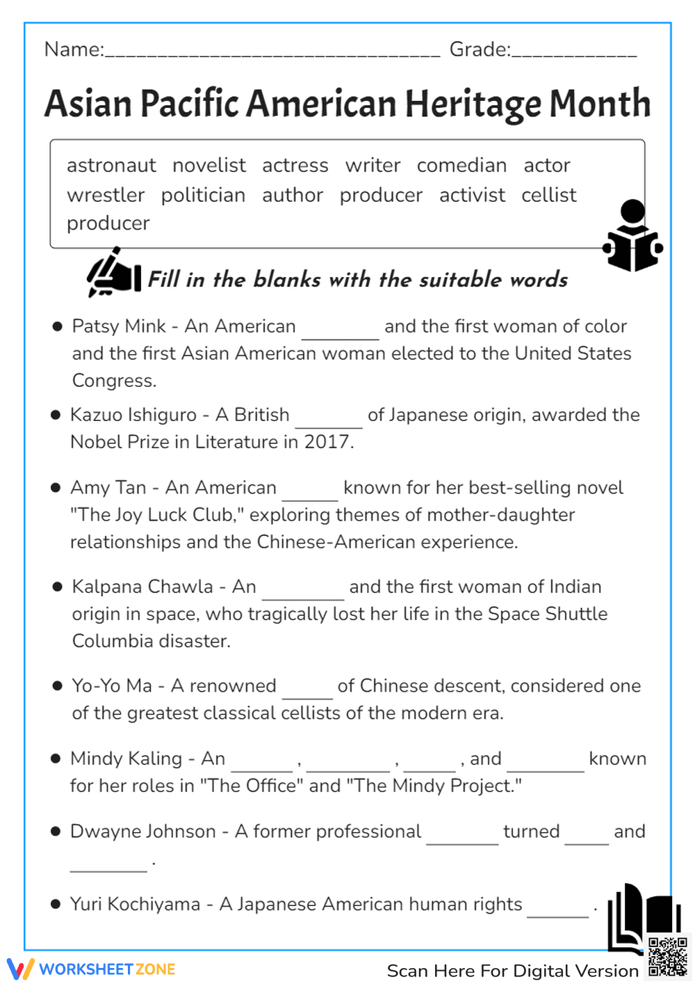 Asian Pacific American Heritage Month Biography Worksheet - Page 1