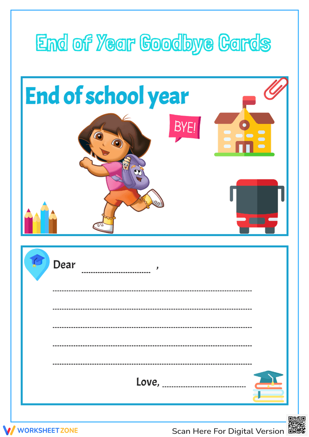 Dora End of Year Goodbye Card - Printable K-2 Farewell Activity - Page 1