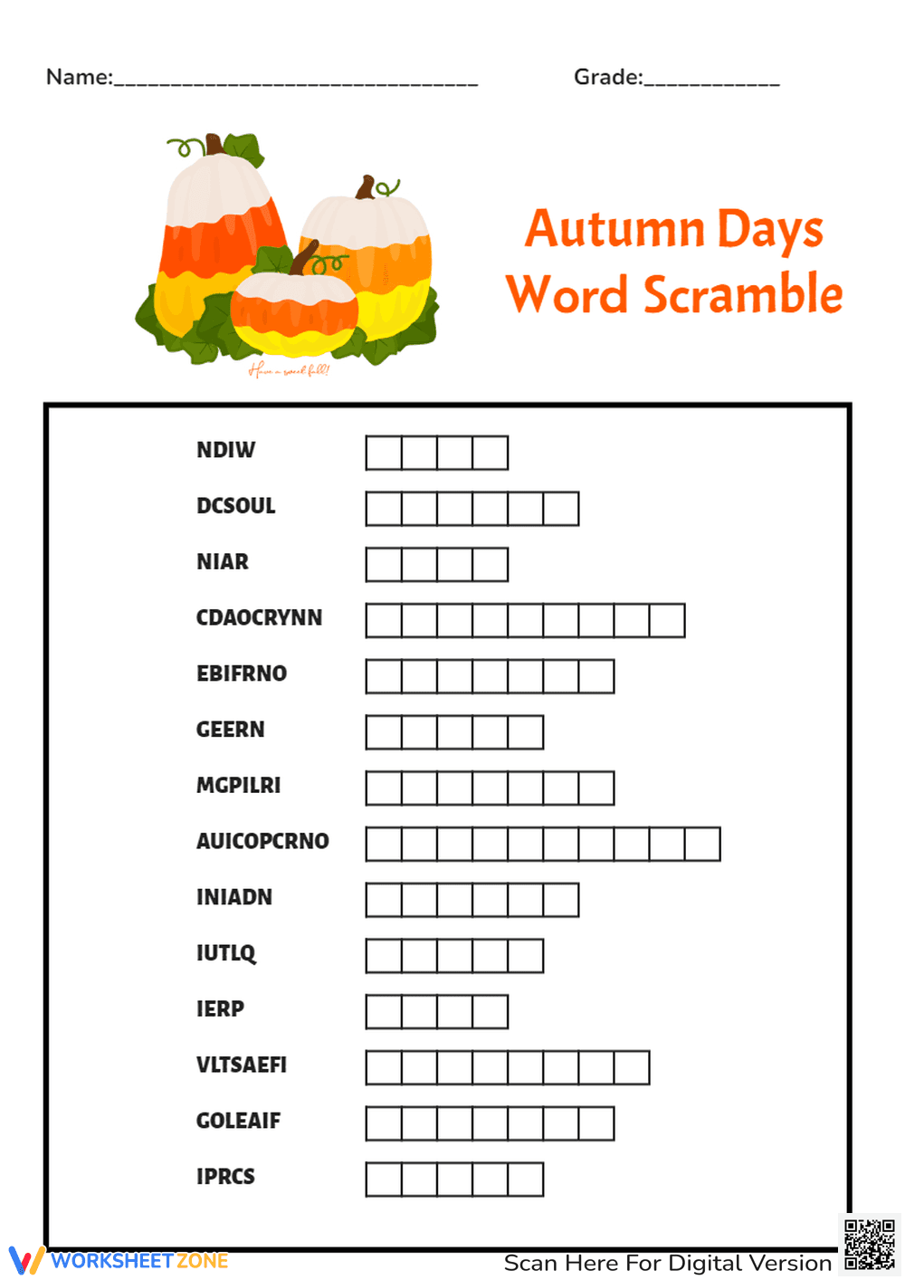 Printable Autumn Word Scramble | Grade 2 ELA - Page 1