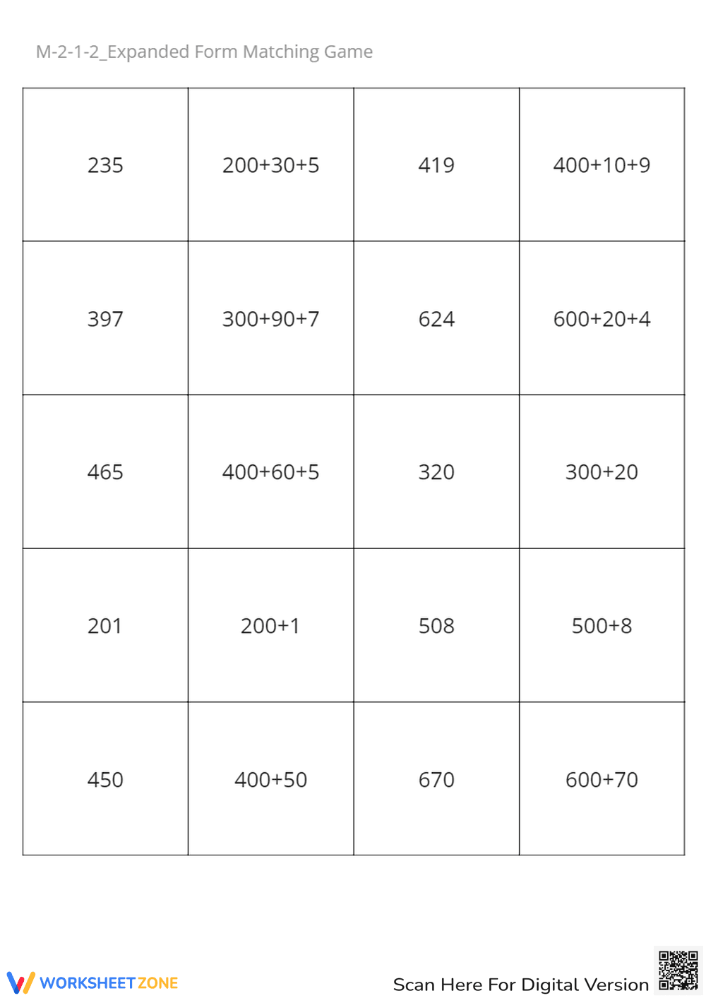 M-2-1-2_Expanded Form Matching Game - Page 1