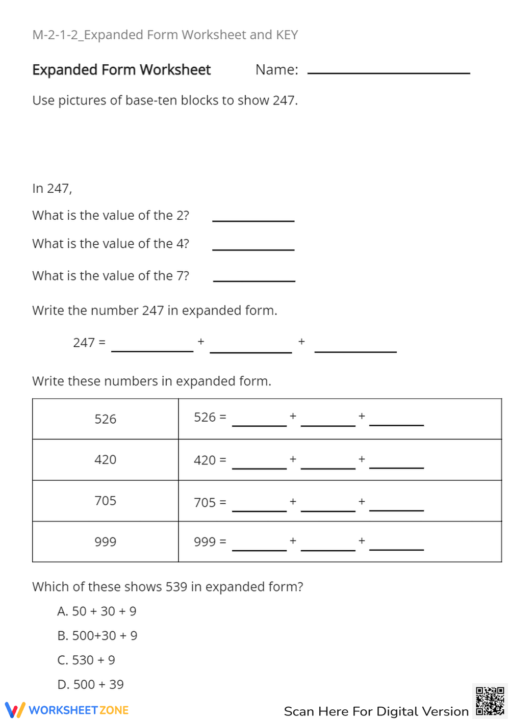 M-2-1-2_Expanded Form Worksheet and Key - Page 1