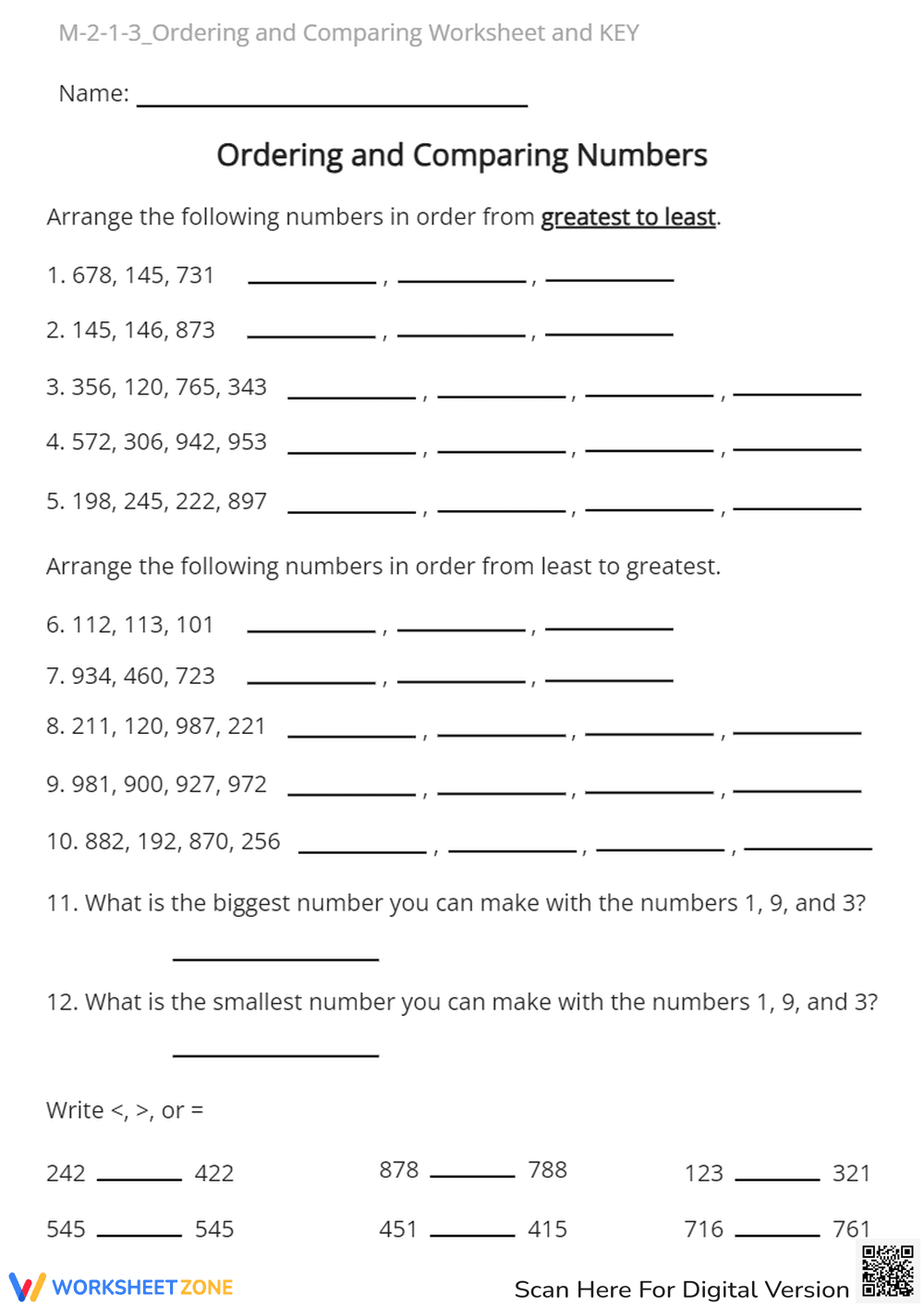Comparing 3-Digit Numbers: Ordering & Place Value Practice - Page 1