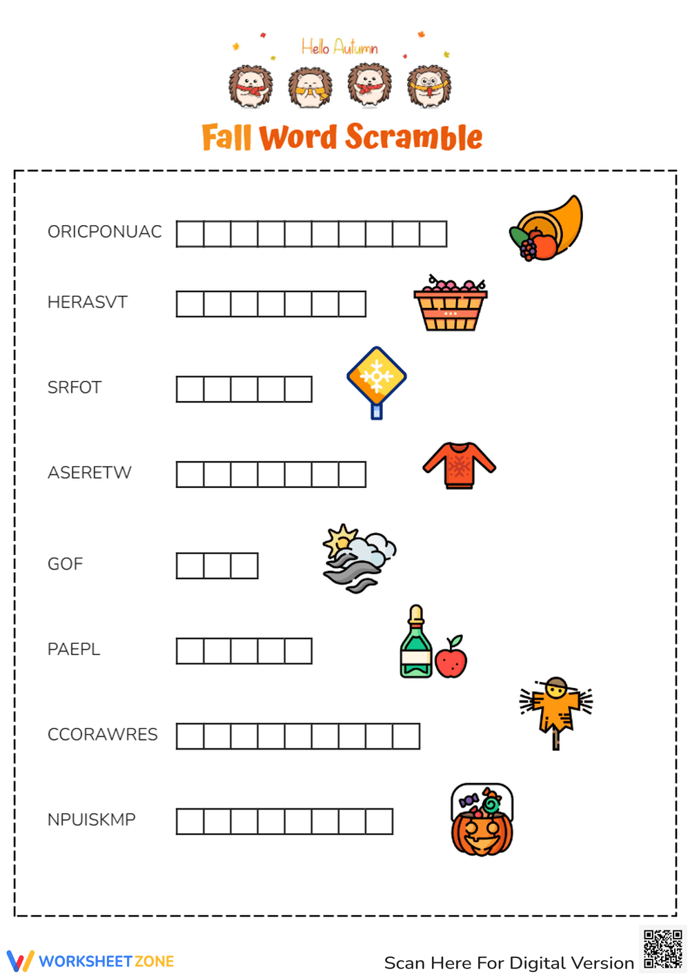 Fall Word Scramble Puzzles For Kids - Page 1