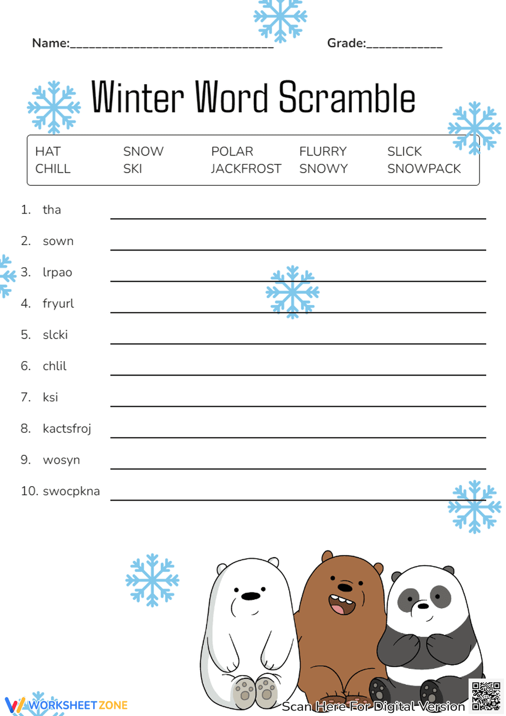 Winter Word Scramble | Printable Grade 2 ELA Worksheet - Page 1