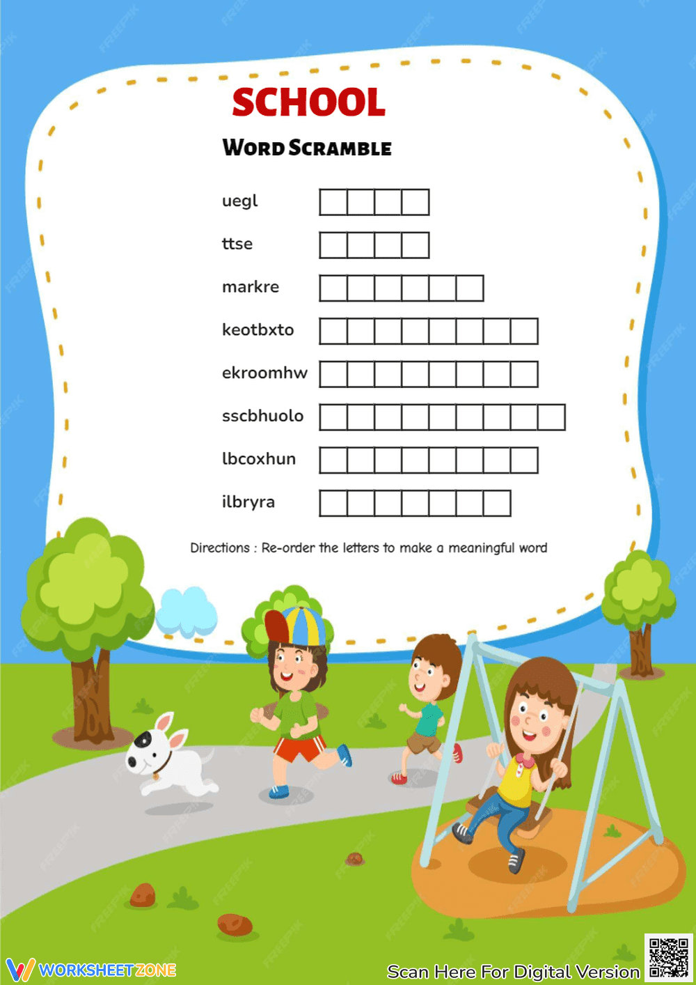 School Word Scramble | Grade 1-3 Printable Worksheet - Page 1