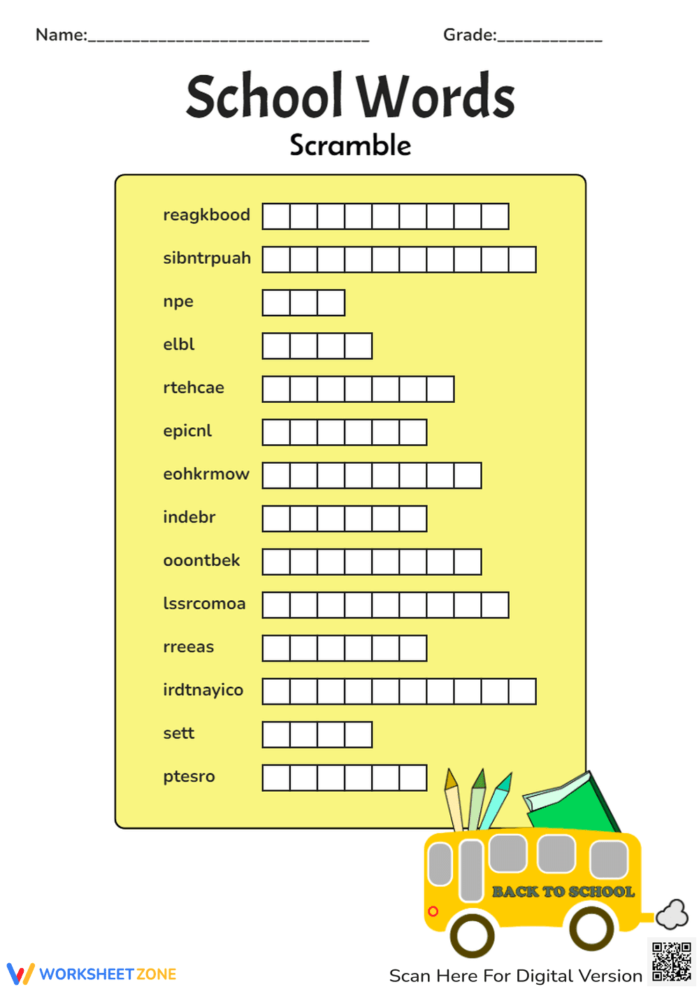School Word Scramble with School Bus - Page 1