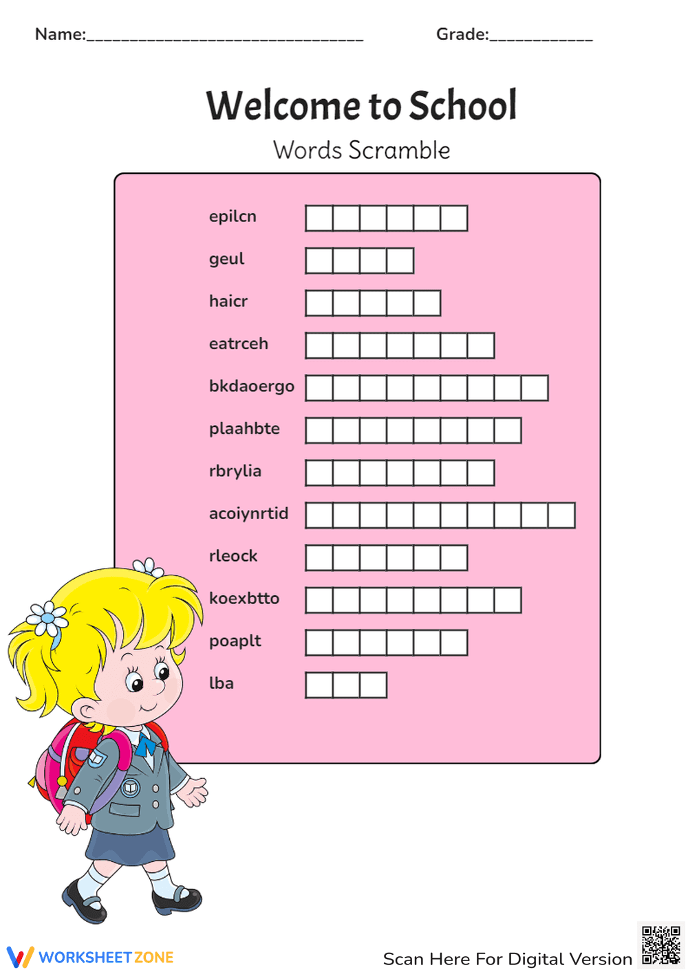 Welcome to School Word Scramble with a Cute Girl - Page 1
