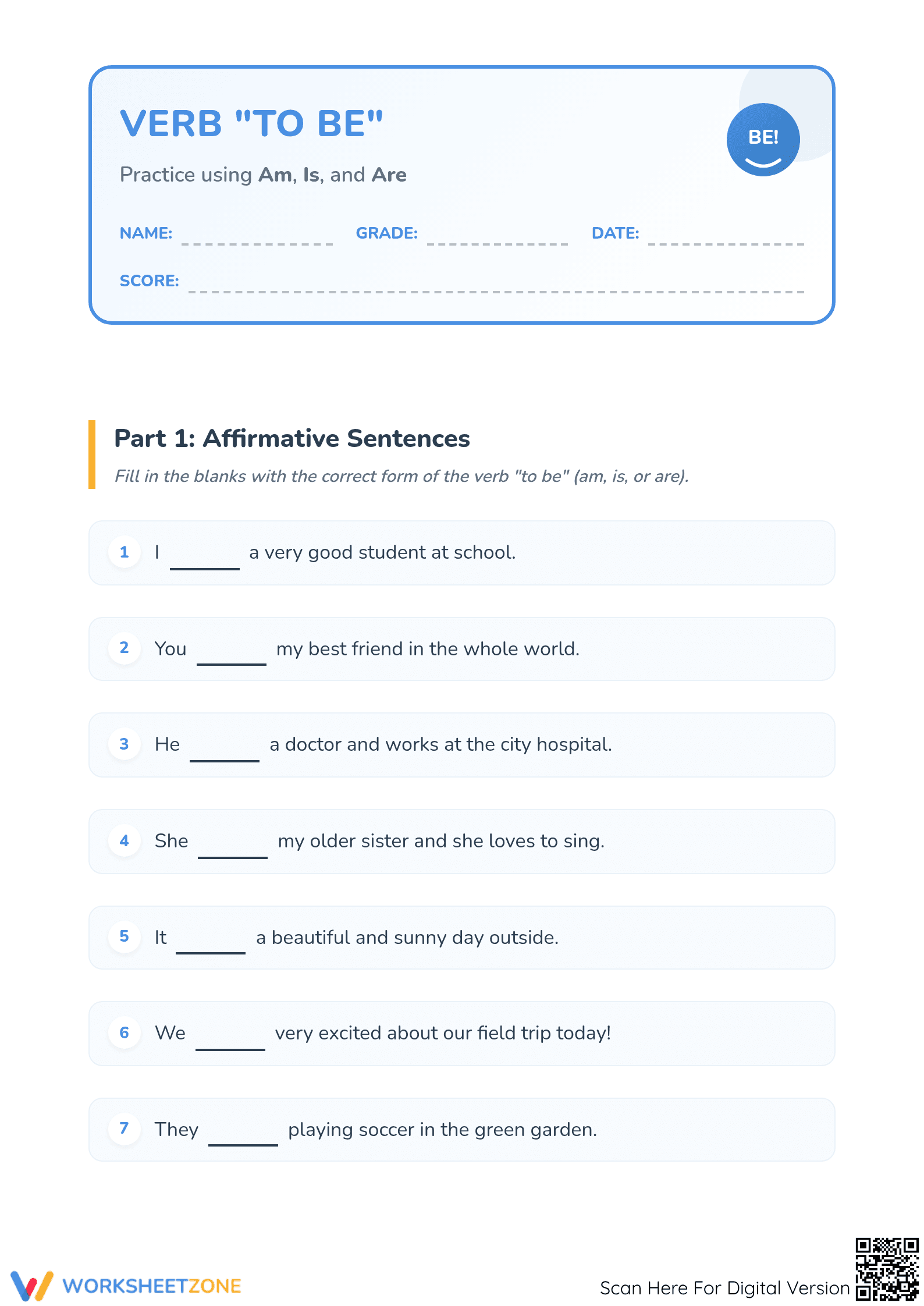 Grade 2-3 Verb To Be Worksheet | Essential Grammar Practice - Page 1
