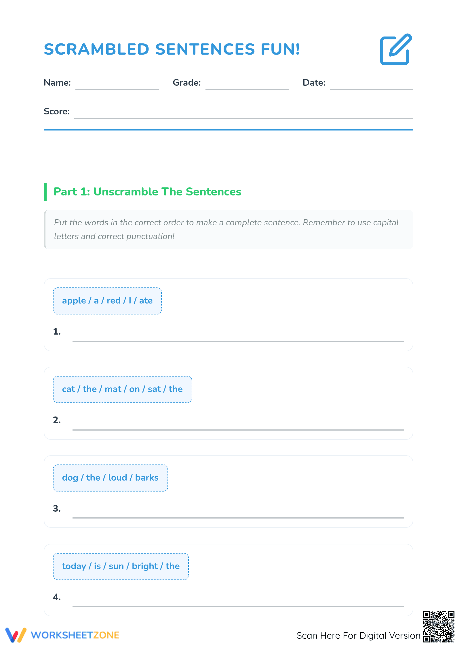 Printable Sentence Scramble Worksheet | Grade 3 ELA - Page 1