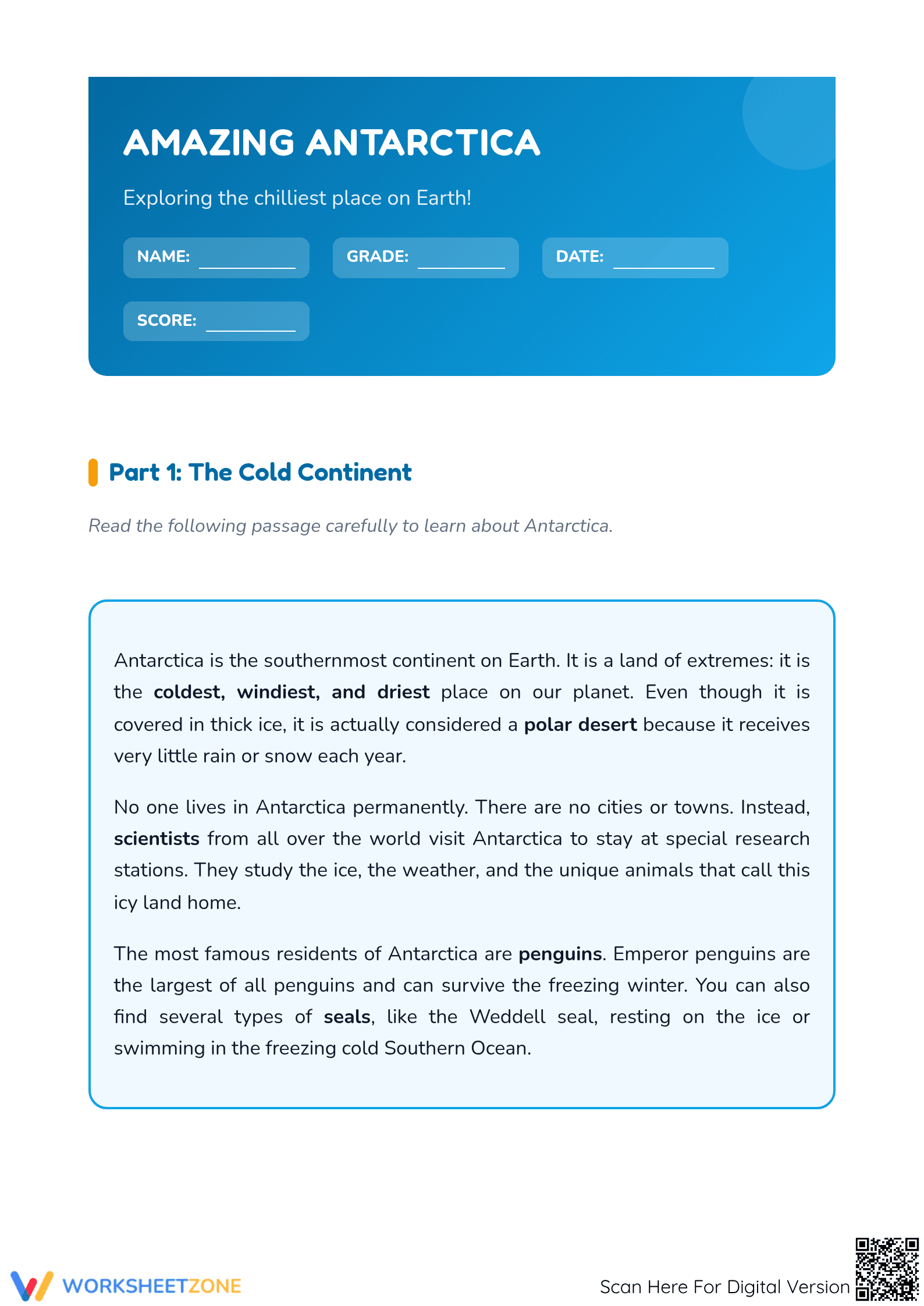 Grade 3 Antarctica Reading — Printable No-Prep Worksheet - Page 1