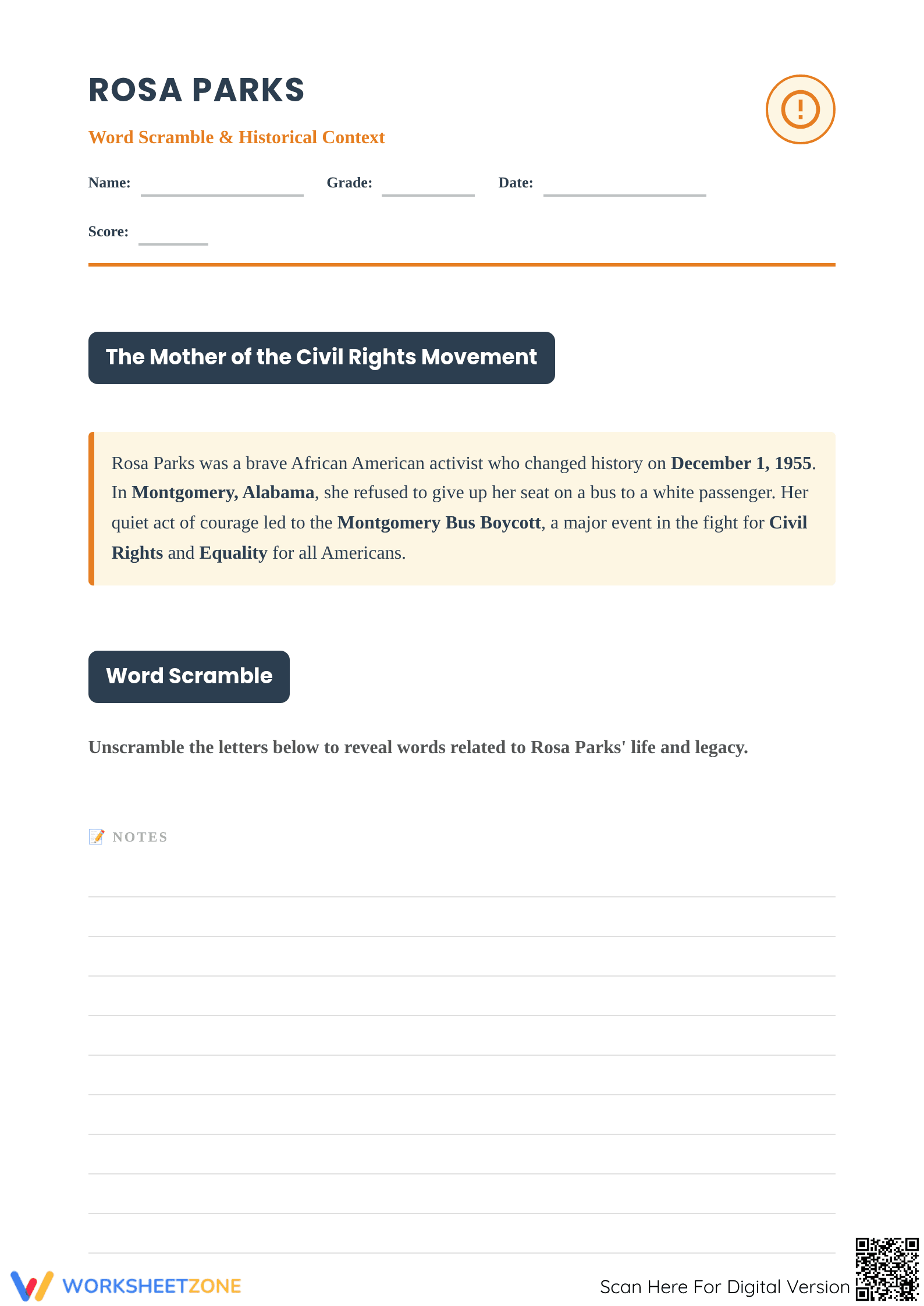 Rosa Parks Word Scramble | Grade 5-6 Essential Worksheet - Page 1