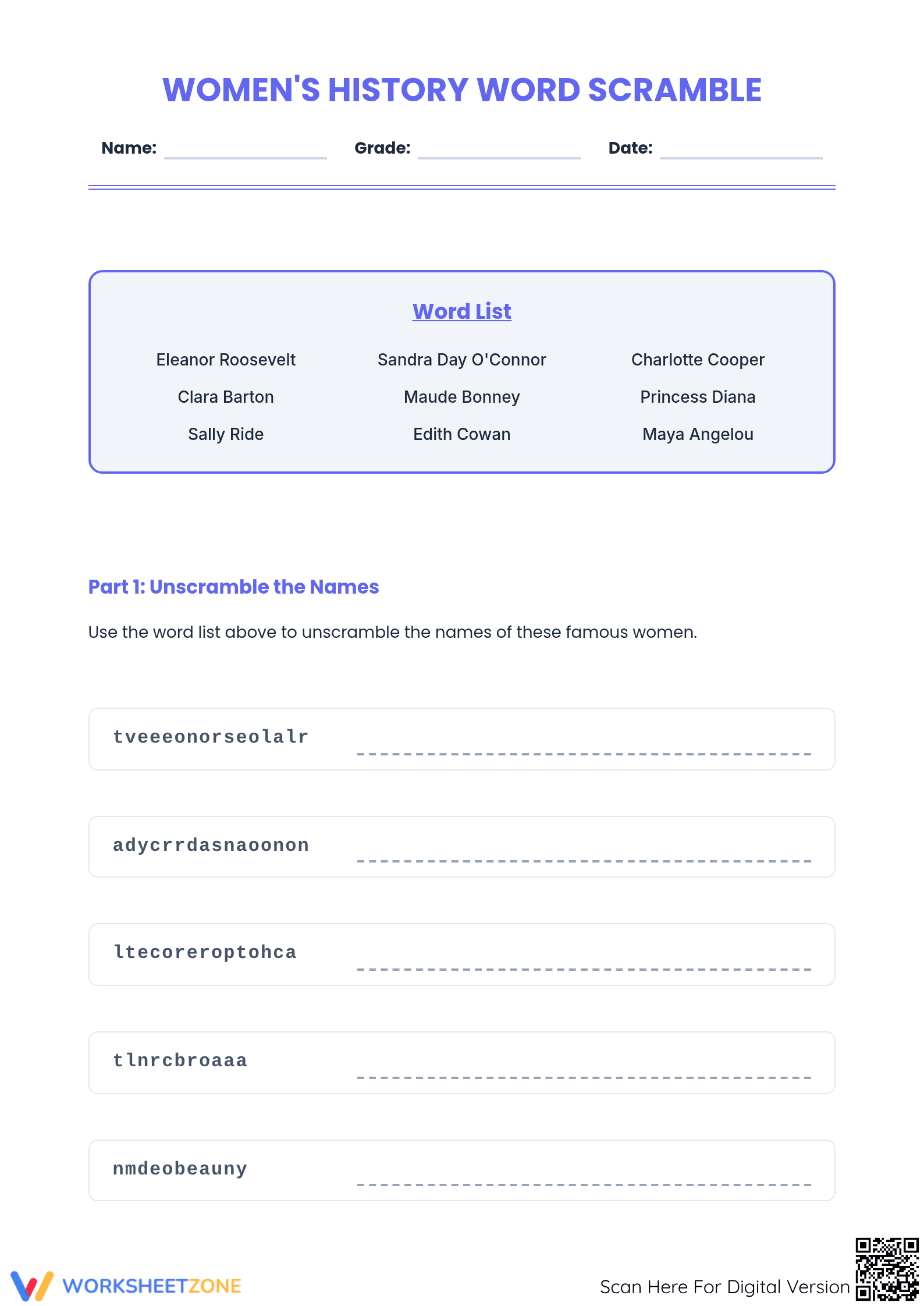 Printable Women's History Word Scramble | Grade 3-4 ELA - Page 1