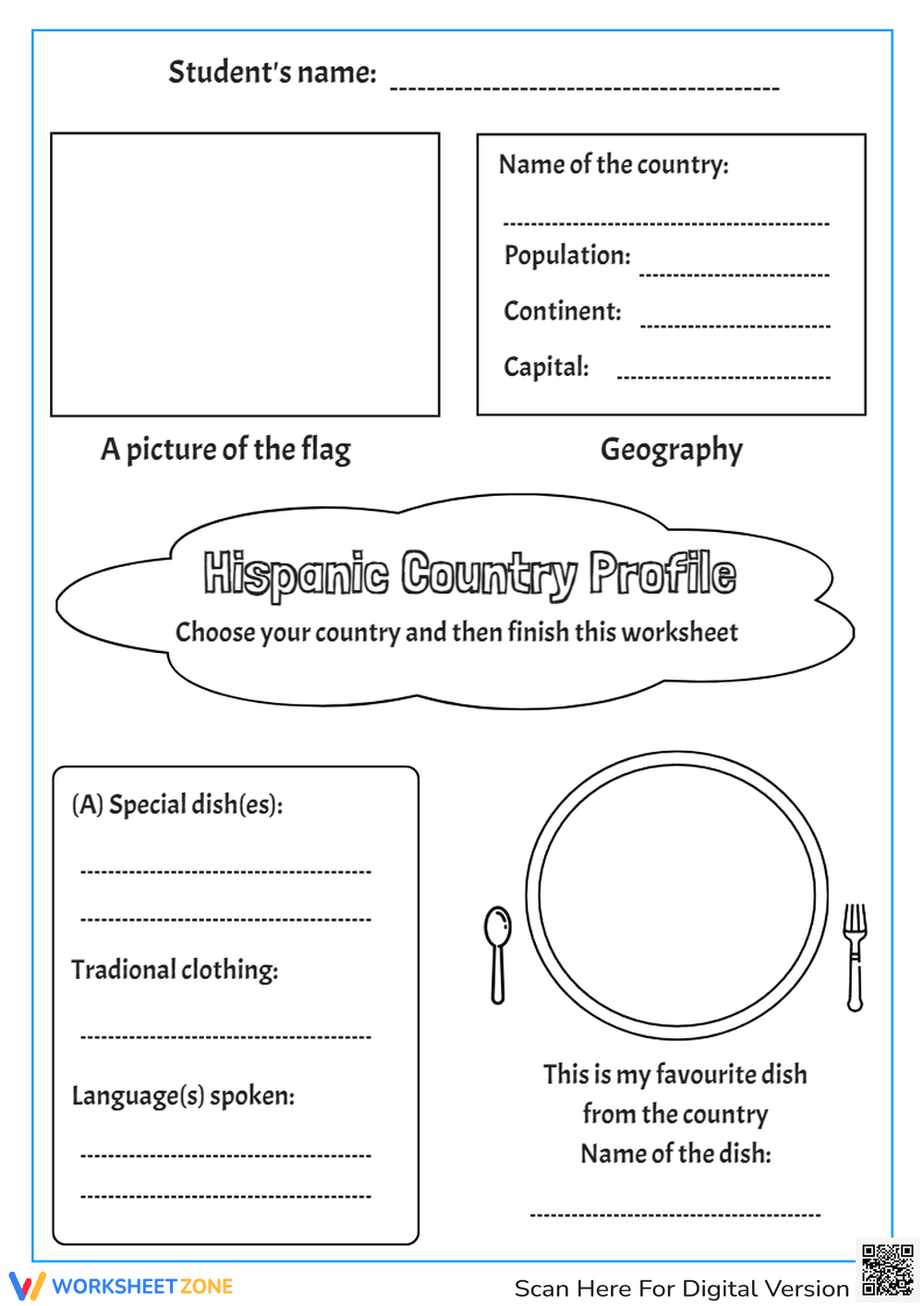 Hispanic Country Profile Worksheet - Geography & Culture Fun - Page 1