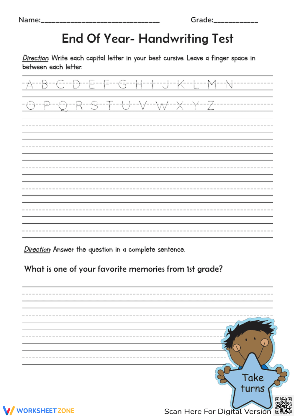 Cursive Writing Test: End of Year Review - Page 1