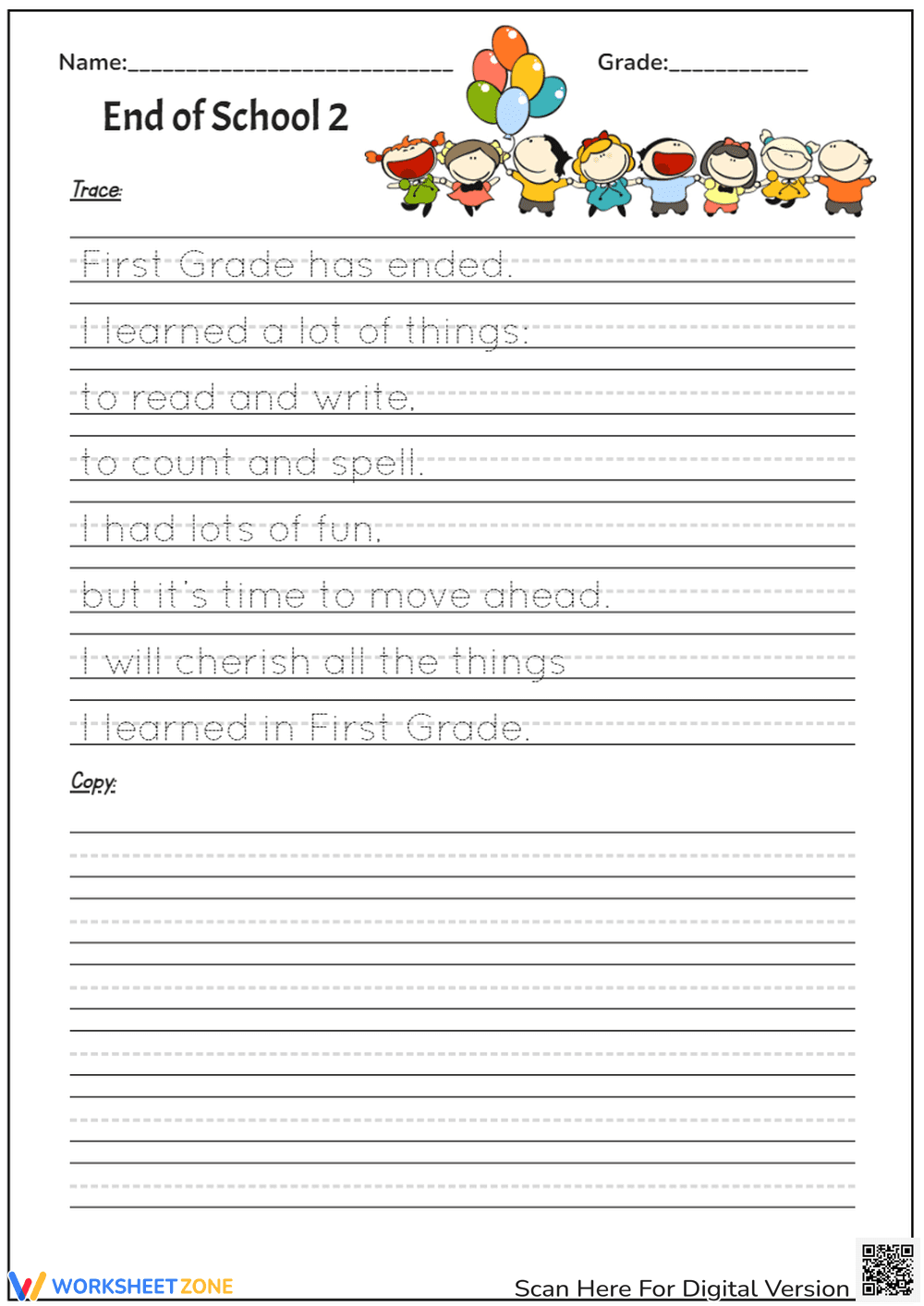 End-of-School Handwriting Practice Worksheet - Page 1