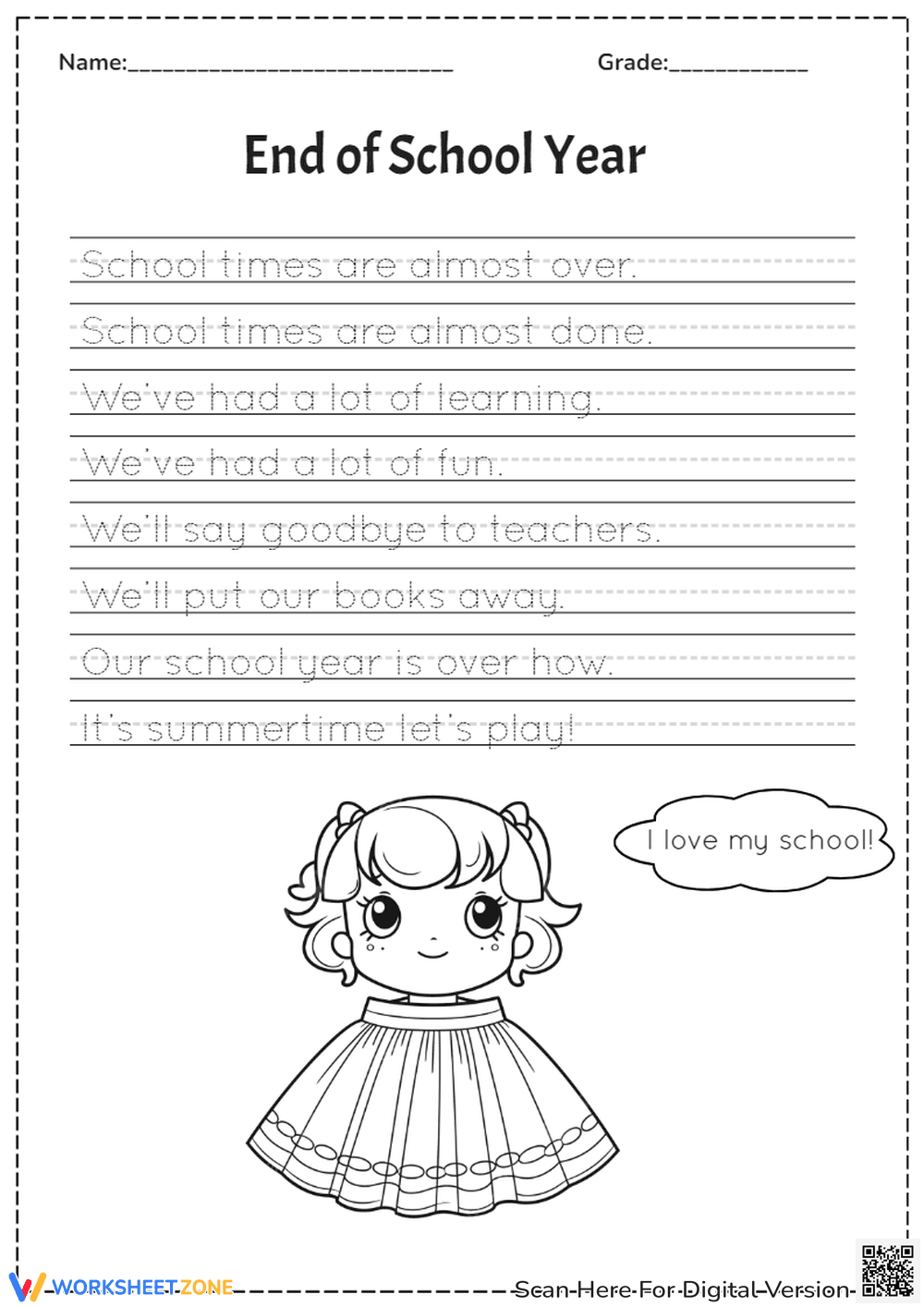 Kindergarten End of School Tracing — Printable Worksheet - Page 1