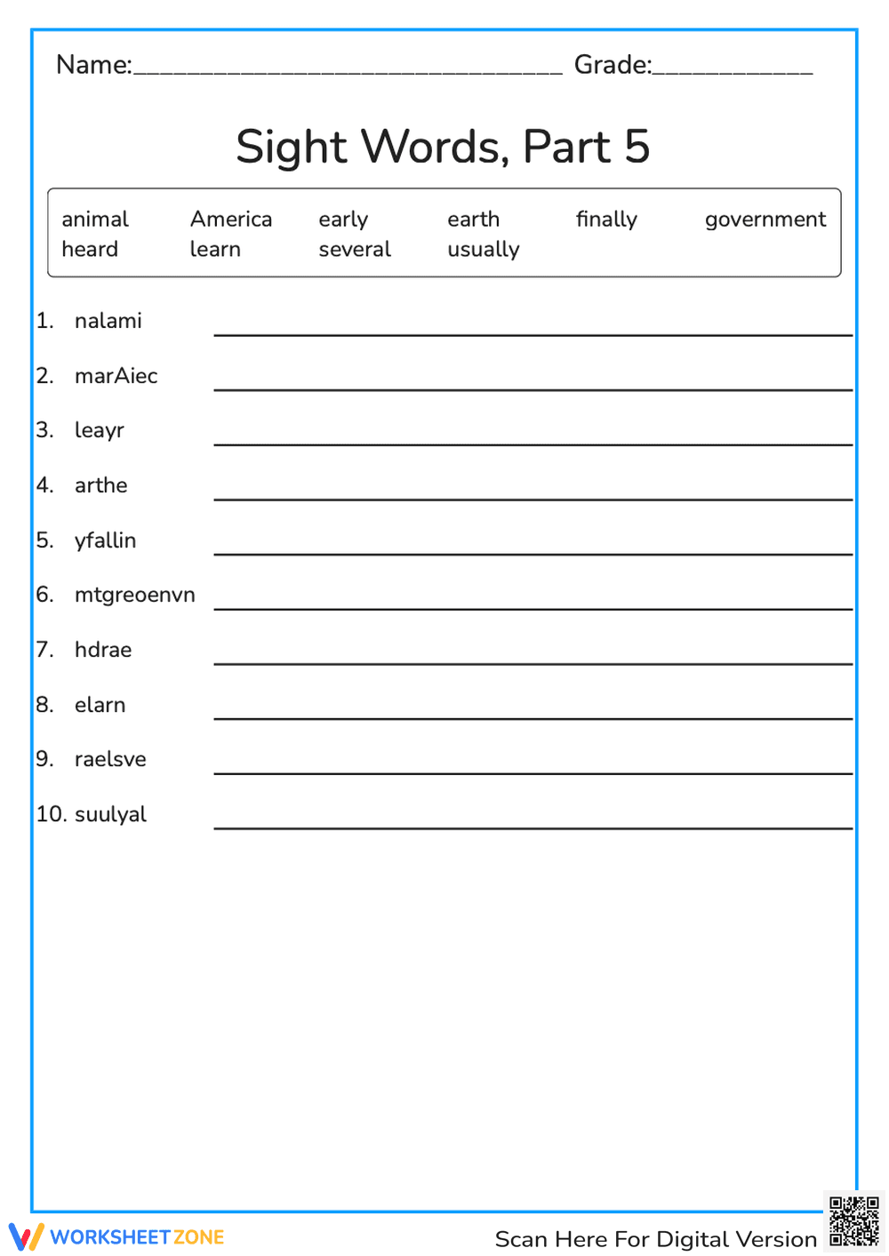Printable Grade 2 Sight Word Scramble Worksheet - Page 1