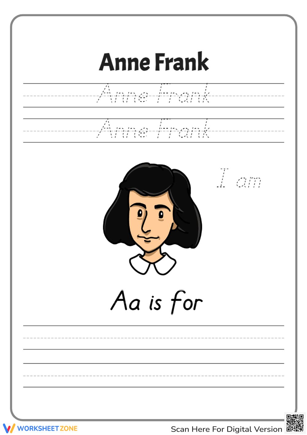 Anne Frank Name Tracing | Printable Grade K-1 Worksheet - Page 1