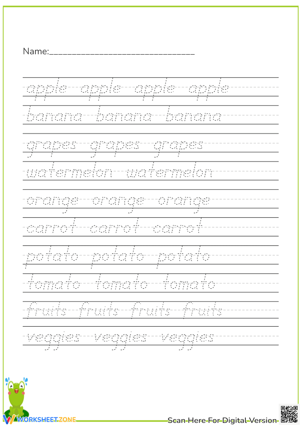 Handwriting Practice: Fruits & Veggies Tracing - Page 1