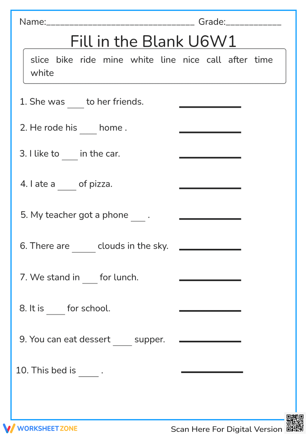 Grade 1 Spelling Sentences — Printable No-Prep Worksheet - Page 1