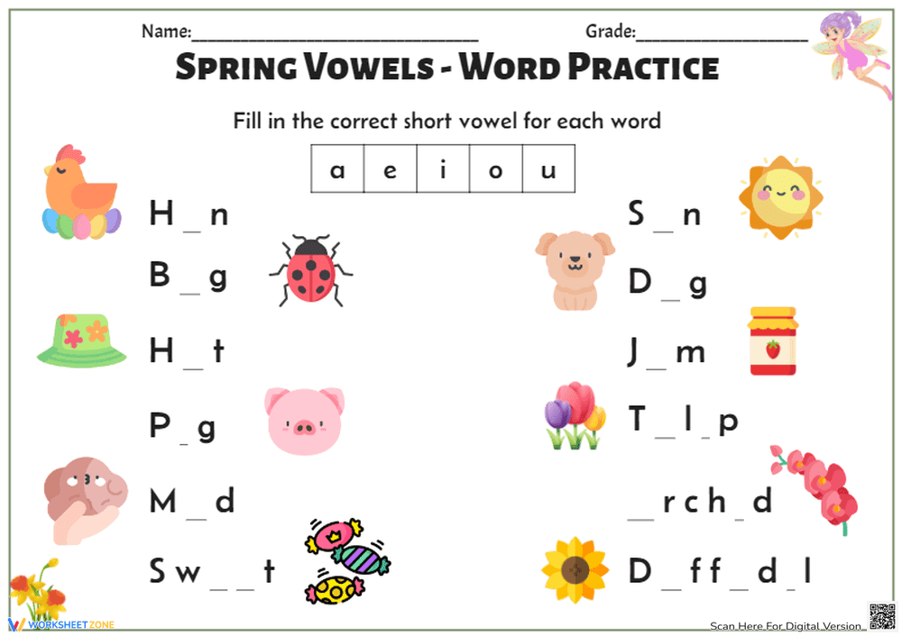 Spring Vowels Word Practice | Grade 1-3 Printable - Page 1