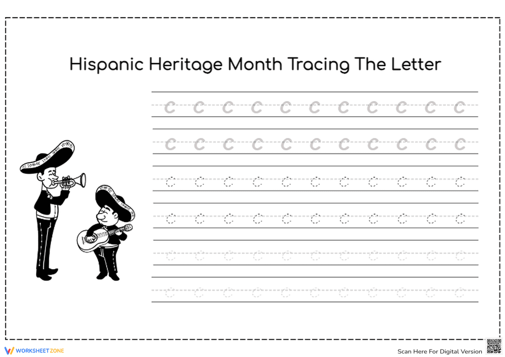Hispanic Heritage Month Lowercase Letter C Tracing Practice - Page 1