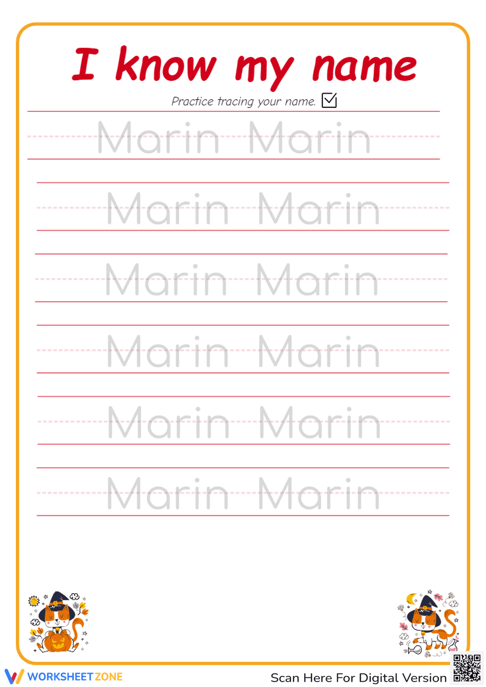 Name Tracing Worksheet for Kids: Marin - Page 1