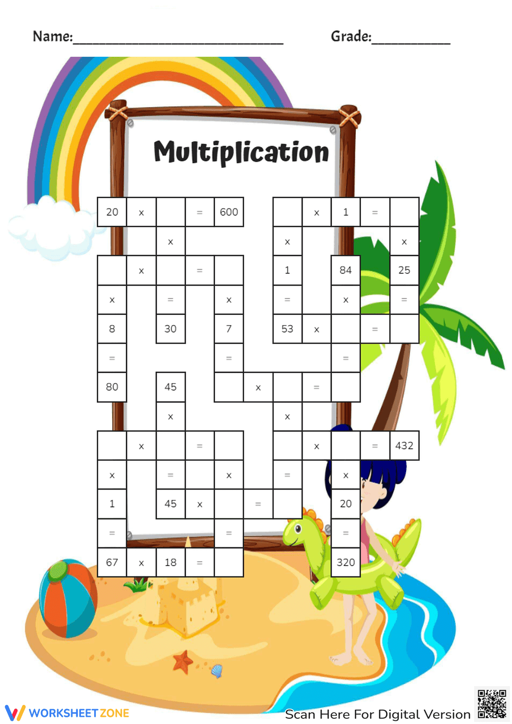 Multiplication Crossword Worksheet - Page 1