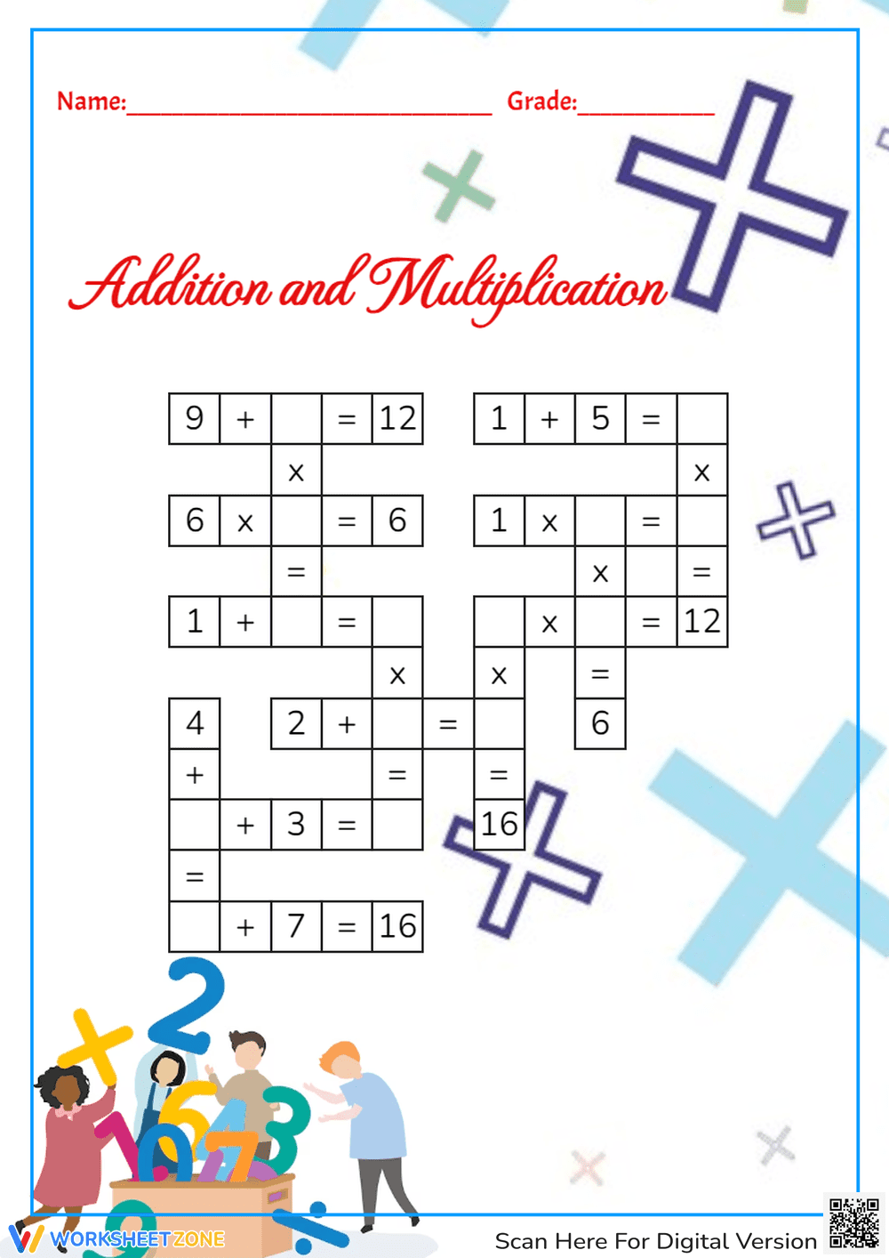 Addition and Multiplication Crossword Worksheet - Page 1