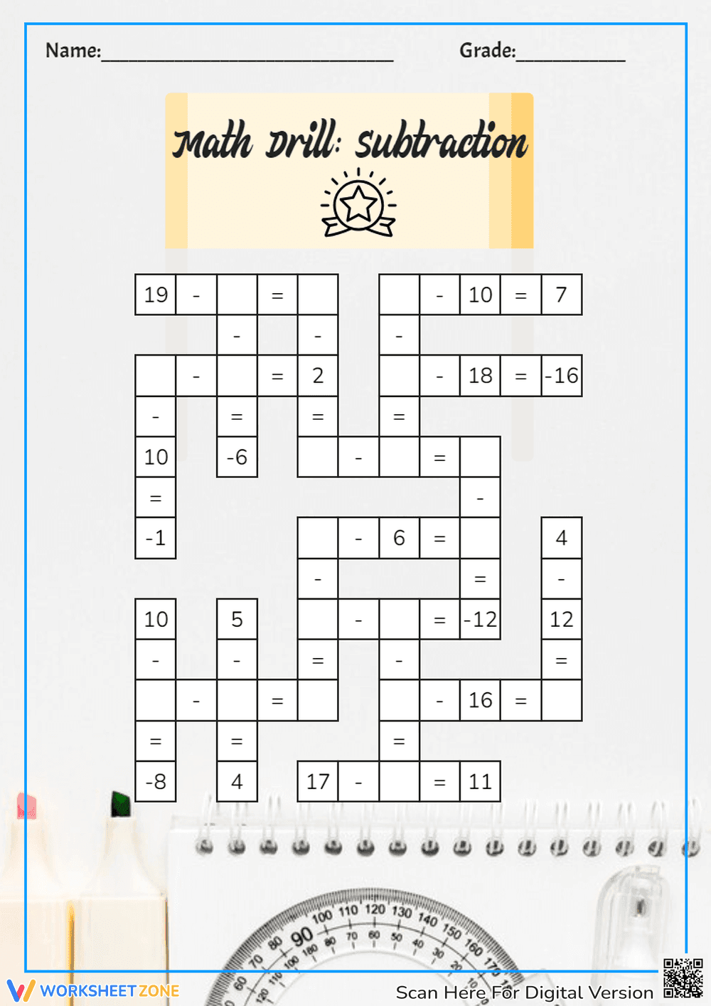 Math Drill: Subtraction Crossword Worksheet - Page 1