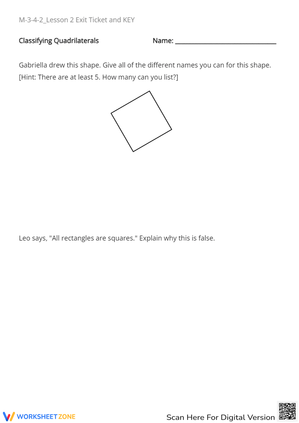 Classifying Quadrilaterals - Identify Shapes & Properties Worksheet - Page 1
