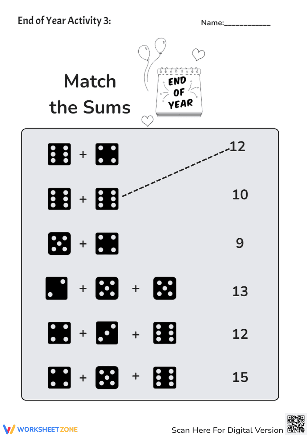 Summer Counting and Addition with Dice Worksheet - Page 1